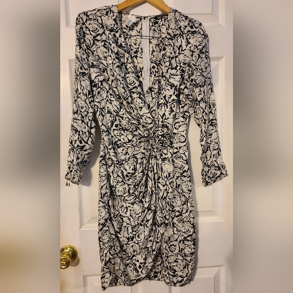 Vintage St Gillian Silk Floral Black and White Long Sleeve Dress Sz 10